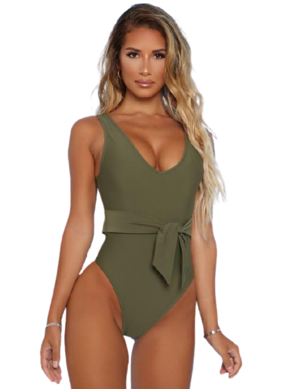 One piece swimsuit green color and tie שלם